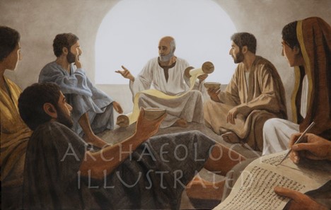 A handful of people relaxing around someone speaking who is holding a scroll. Someone can be seen writing in the foreground. Some have cups in their hands.